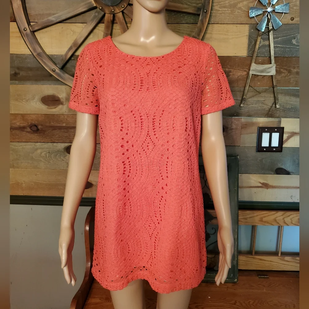 J Crew Vintage Coral Geometric Lace Short Sleeve Blouse